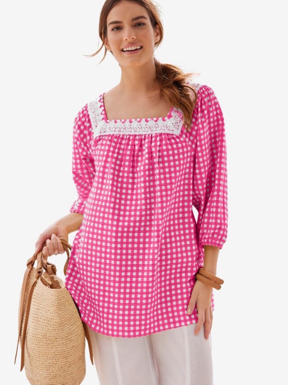 Woman Within Seersucker 3 Quarter Sleeve Tunic Gingham Plaid Pink White 18/20